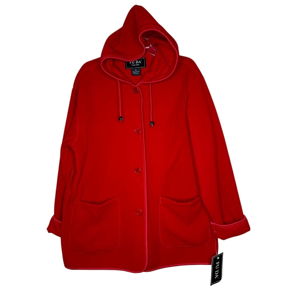 Fu Da New York Womens Red Fleece Hooded Button Front Jacket Large NWT VTG